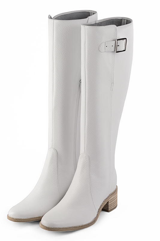 Pure white knee high boots with buckles. Made to measure. Round toe. Low leather soles